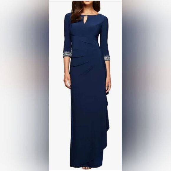 Alex Evenings Dress Side Ruched Cascade,Keyhole Embellished NWT size 12 Blue - Picture 1 of 6
